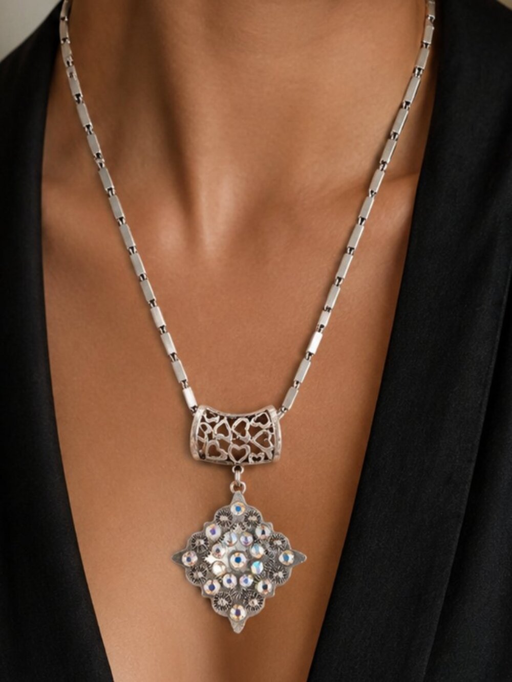 Monet Signed Silver Tone AB Crystal Long Pendant Necklace Heart Detail